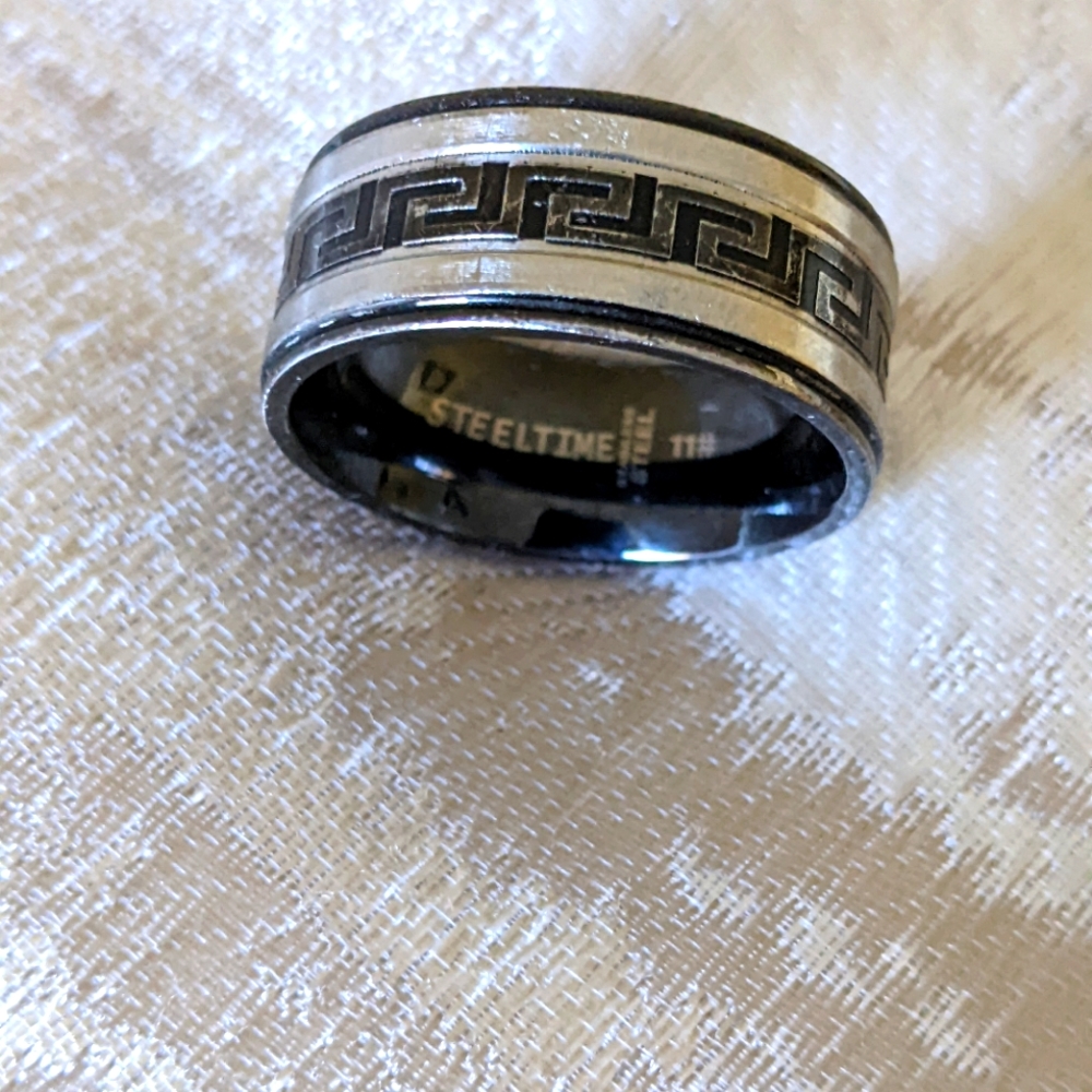 STEELTIME MEN'S STAINLESS STEEL GREEK KEY BAND RING